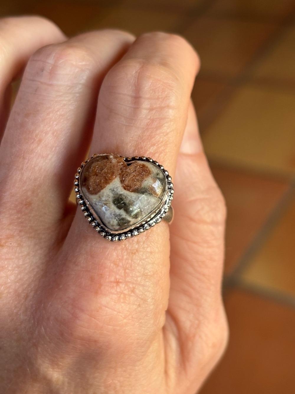 Natural Garnet Crystal in Limestone Matrix Heart Ring – Size 9, 925 Silver